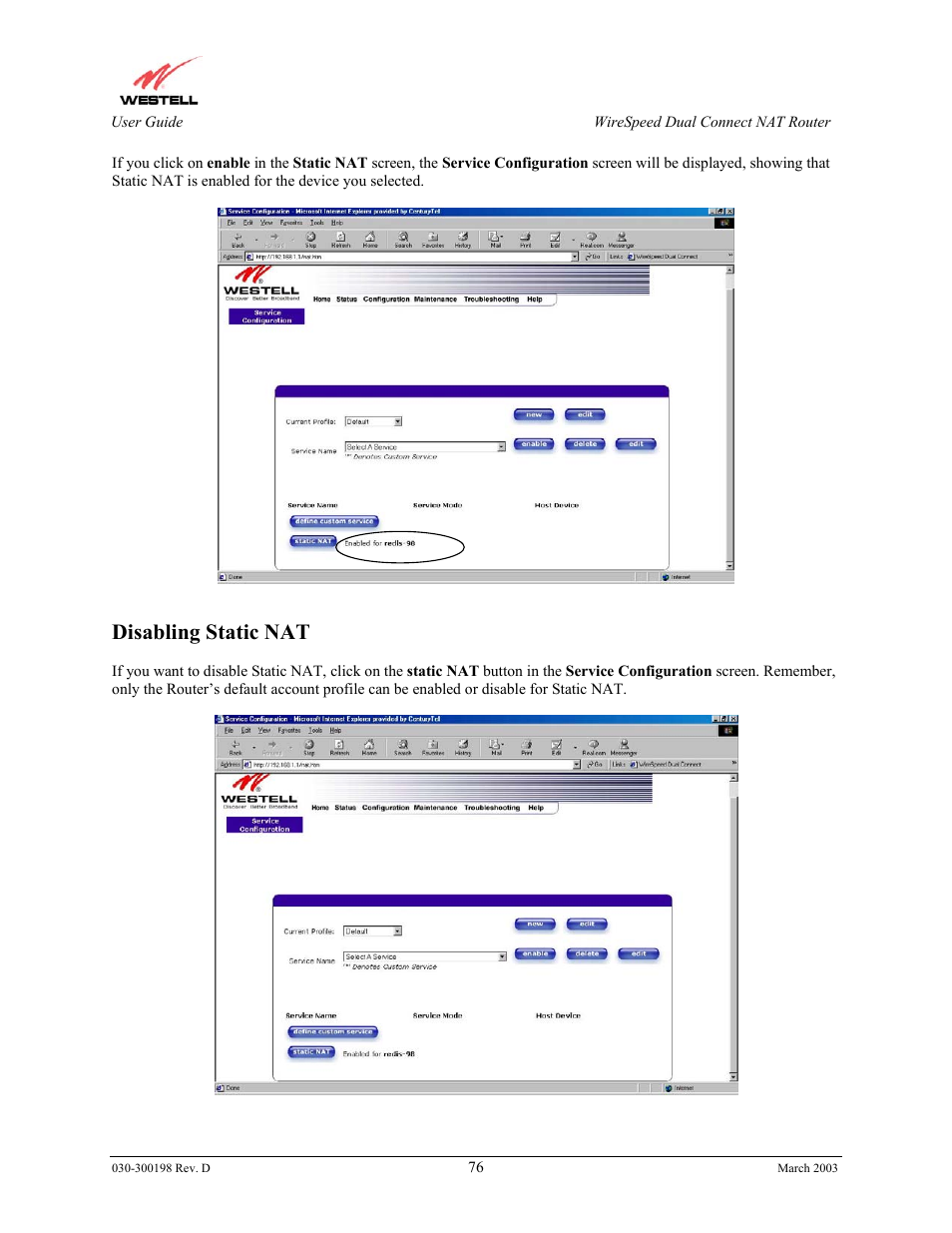 Disabling static nat | Westell Technologies Wirespeed 2100 User Manual | Page 78 / 118