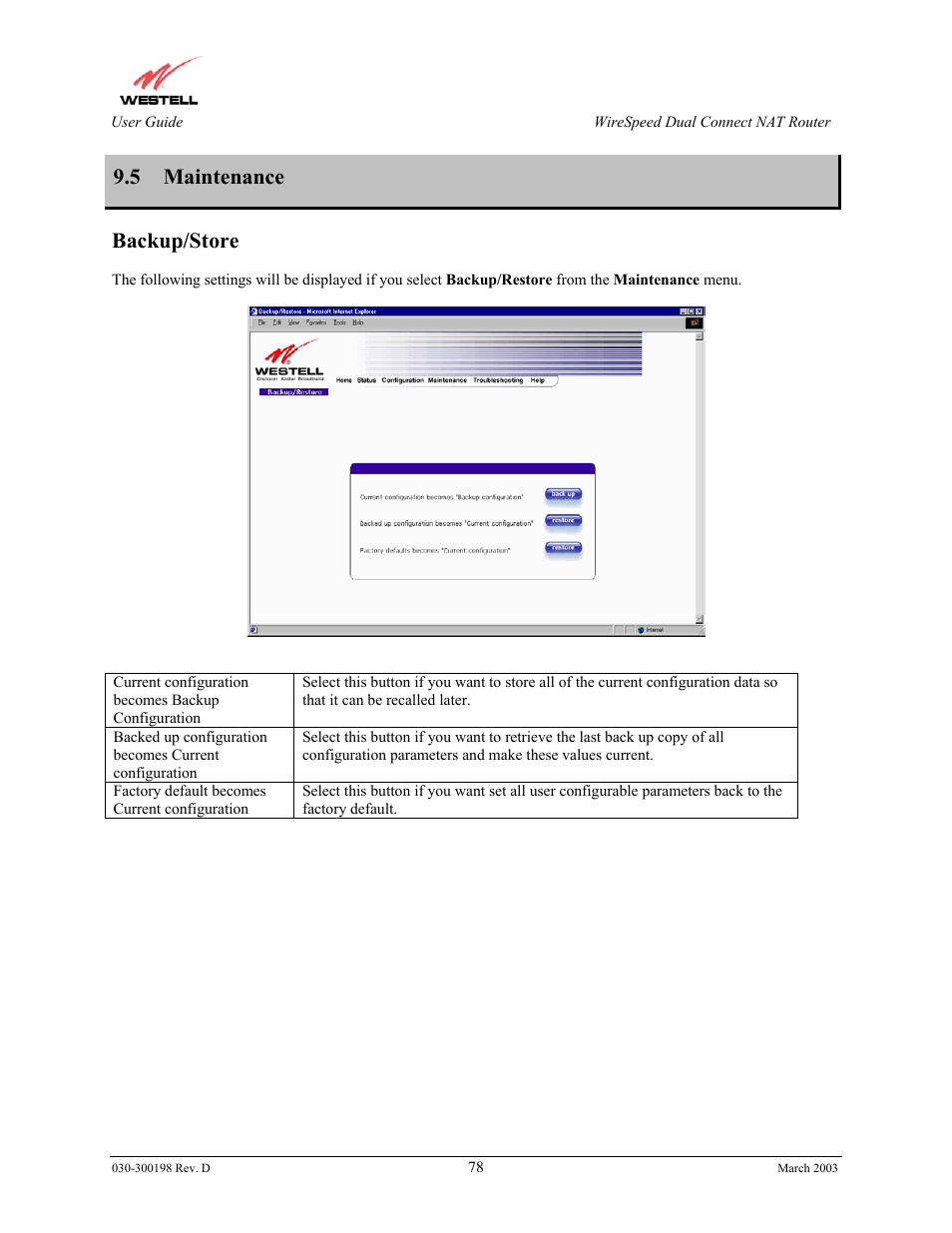 5 maintenance, Backup/store | Westell Technologies Wirespeed 2100 User Manual | Page 80 / 118