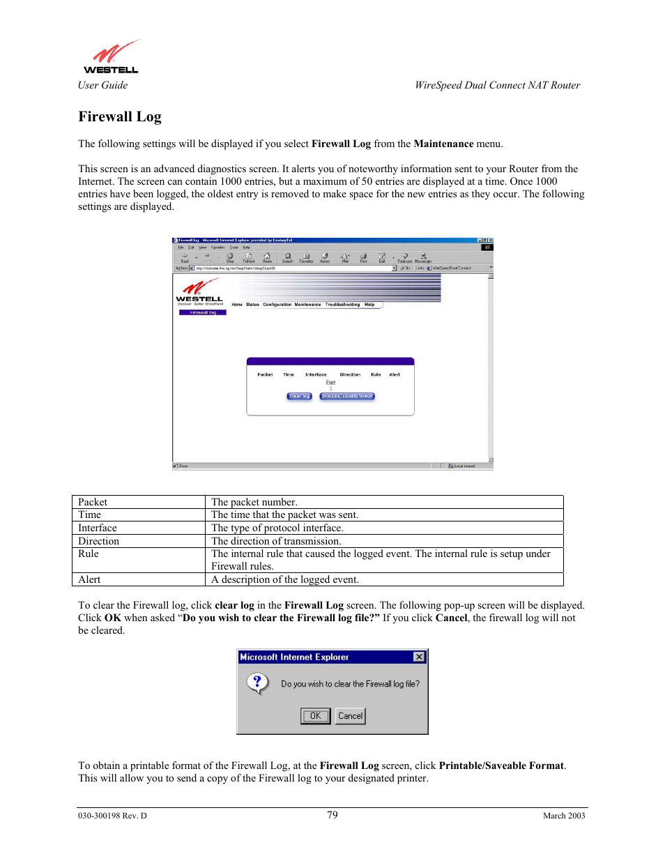 Firewall log | Westell Technologies Wirespeed 2100 User Manual | Page 81 / 118