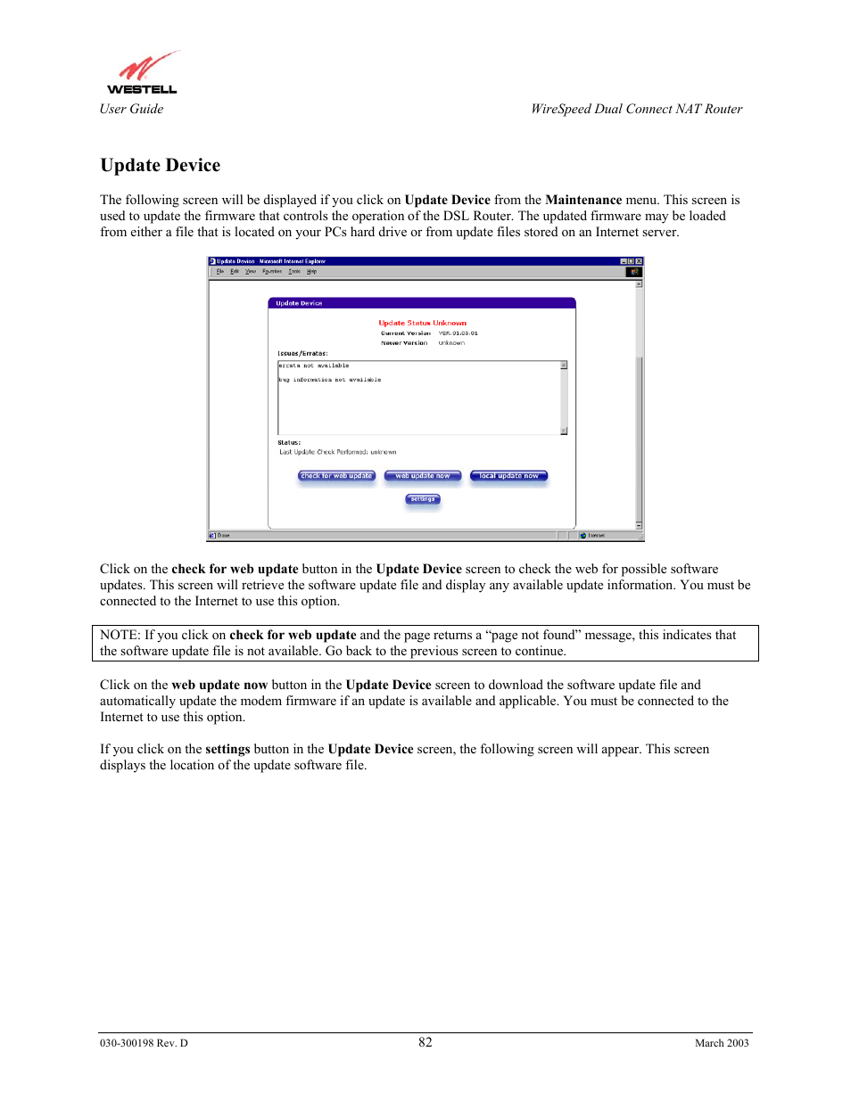 Update device | Westell Technologies Wirespeed 2100 User Manual | Page 84 / 118