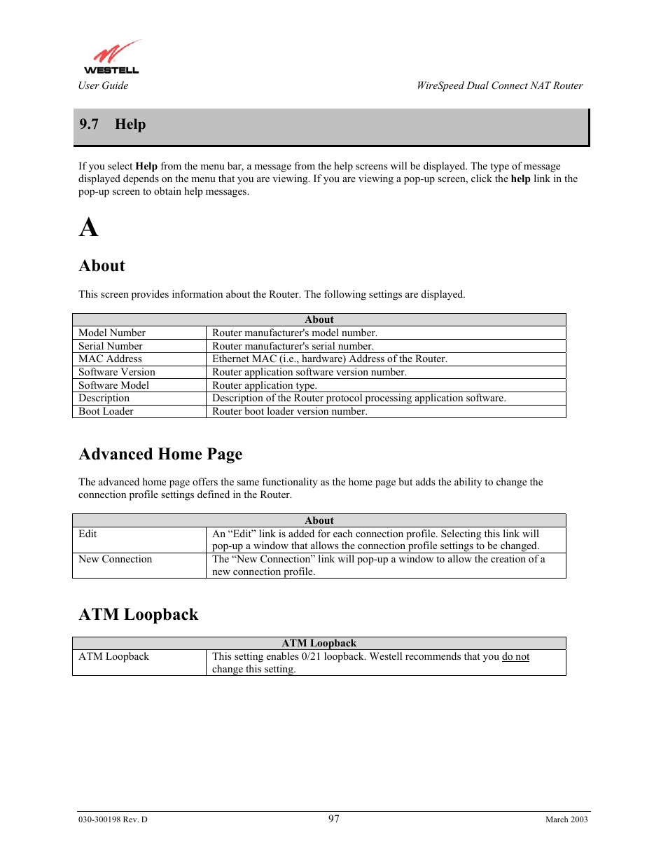 About, Advanced home page, Atm loopback | 7 help | Westell Technologies Wirespeed 2100 User Manual | Page 99 / 118