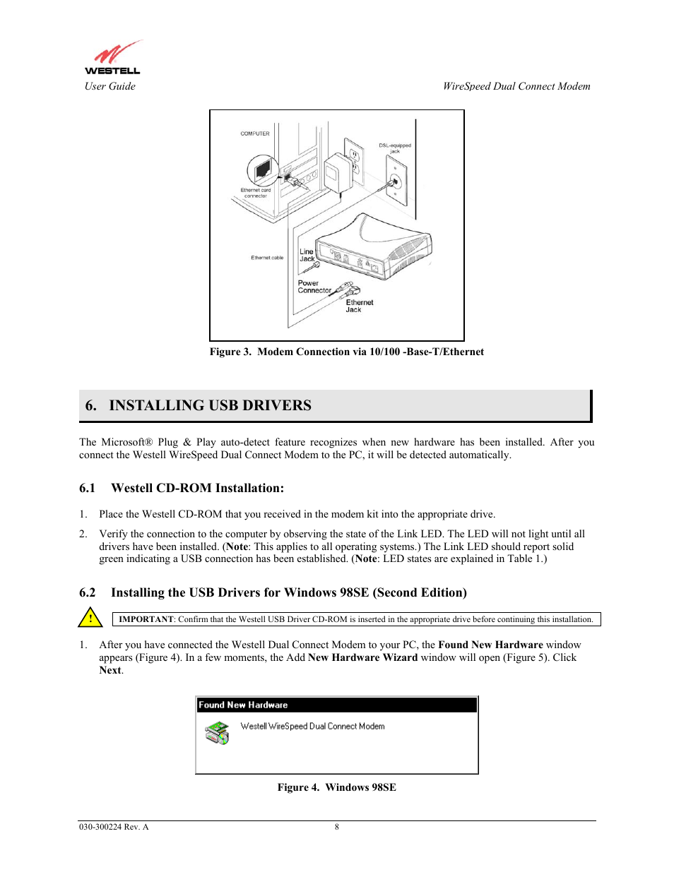 Installing usb drivers, Westell cd-rom installation | Westell Technologies 2110 User Manual | Page 10 / 30