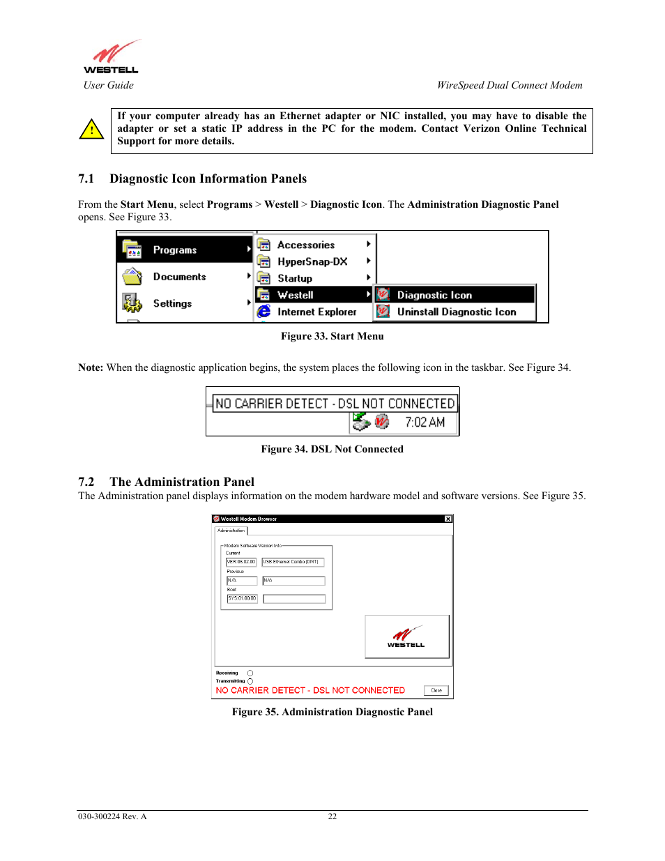 Diagnostic icon information panels, The administration panel | Westell Technologies 2110 User Manual | Page 24 / 30