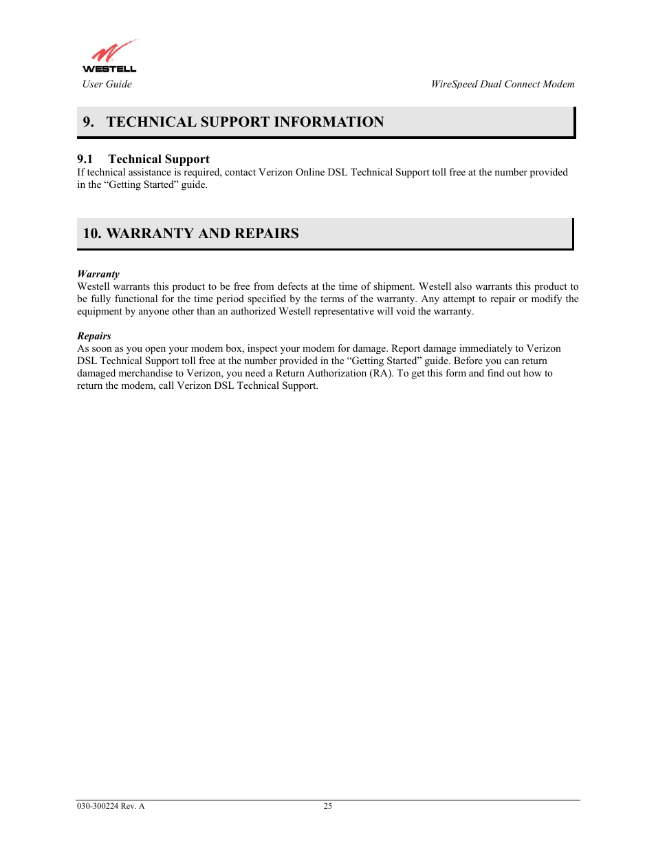 Technical support information, Technical support, Warranty and repairs | Westell Technologies 2110 User Manual | Page 27 / 30