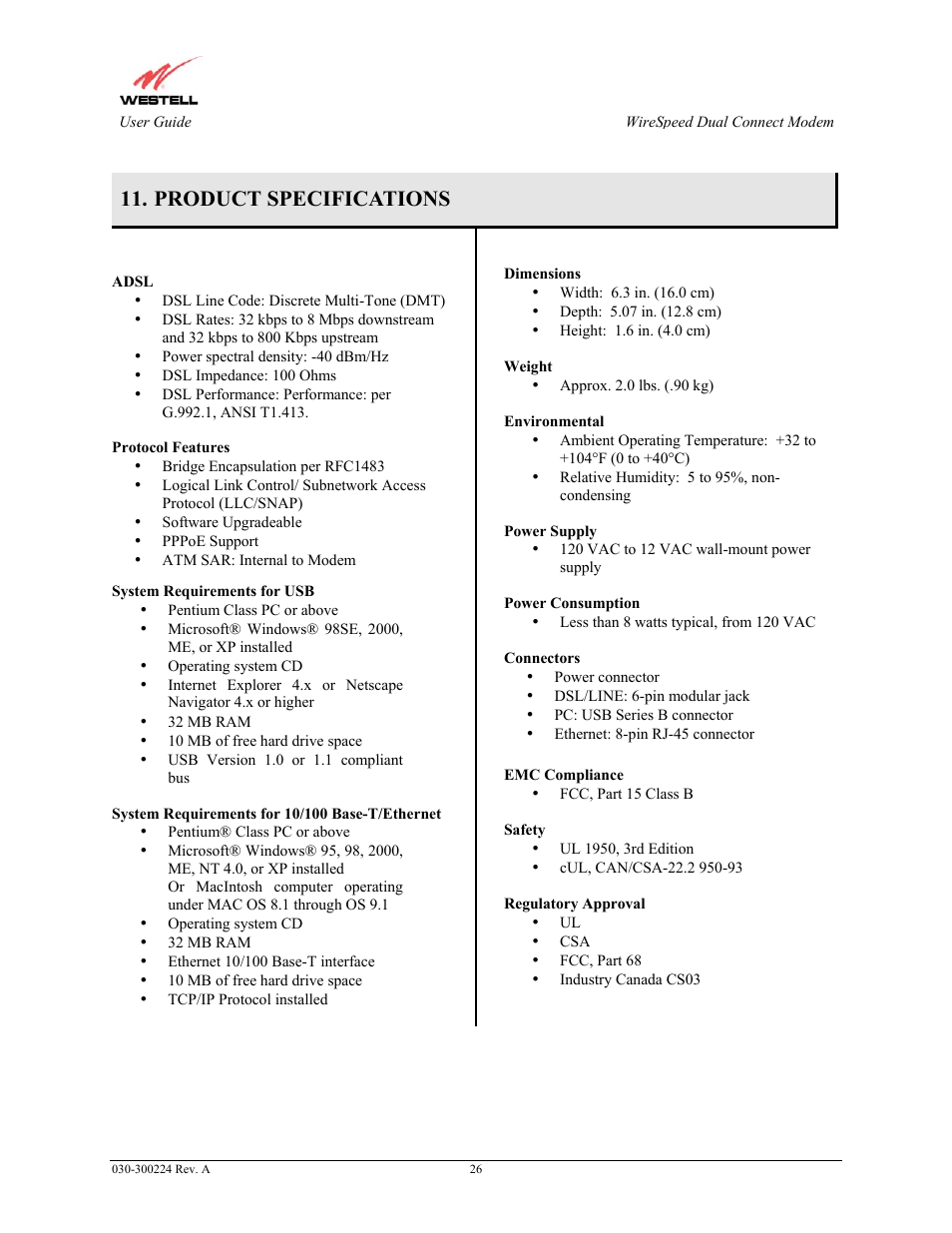 Product specifications, Protocol features, System requirements for usb | System requirements for 10/100 base-t/ethernet, Emc compliance, Safety | Westell Technologies 2110 User Manual | Page 28 / 30