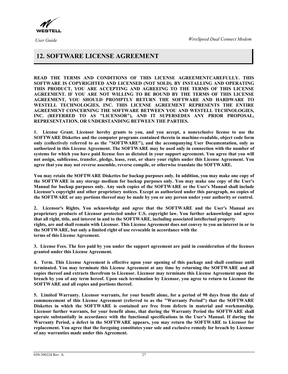 Software license agreement | Westell Technologies 2110 User Manual | Page 29 / 30