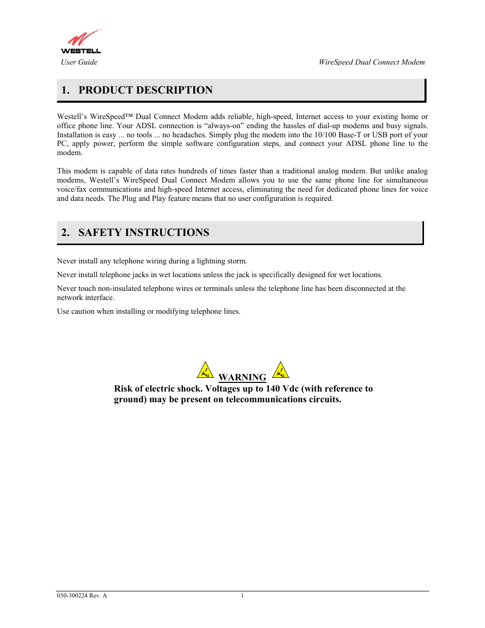 Product description, Safety instructions | Westell Technologies 2110 User Manual | Page 3 / 30
