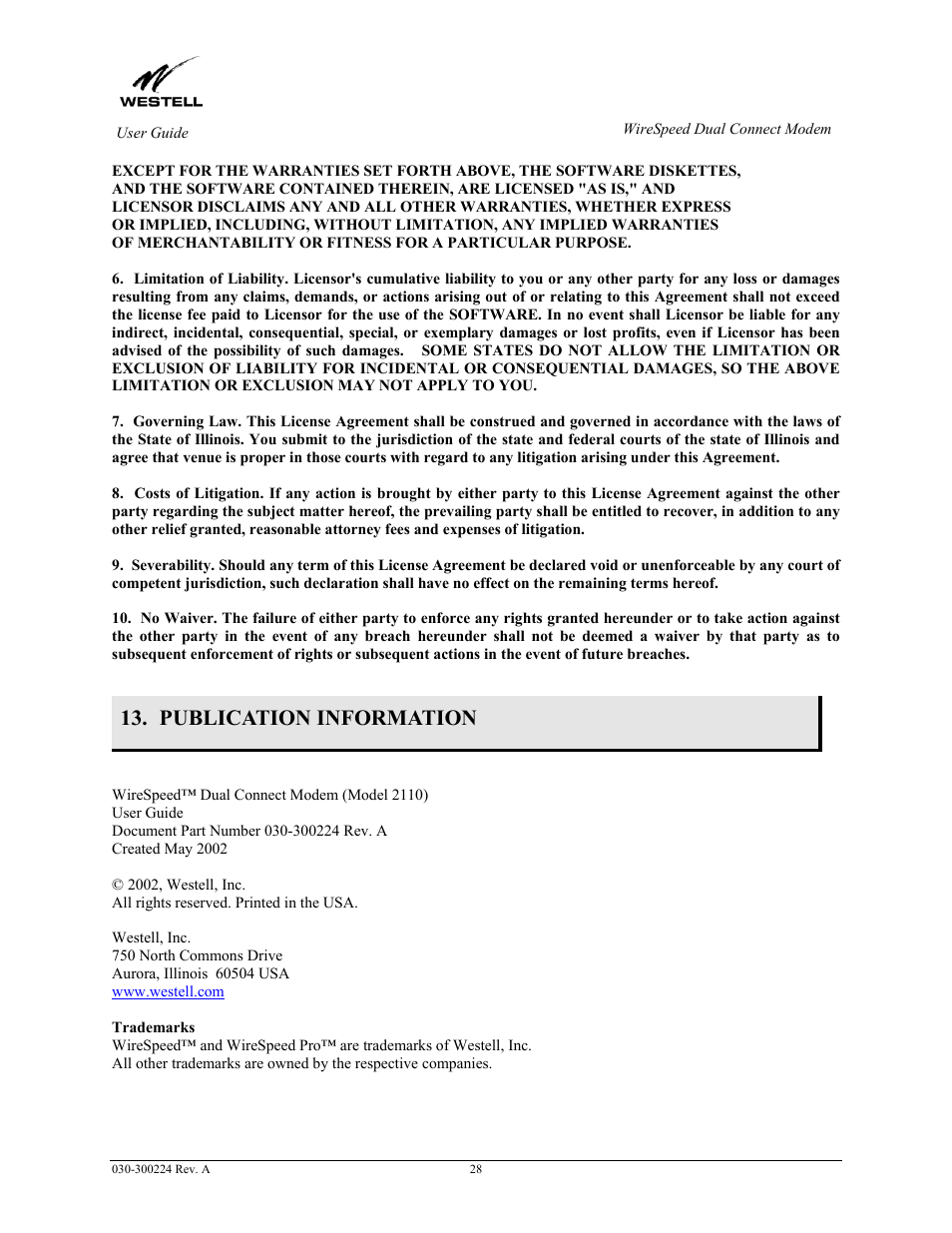 Publication information | Westell Technologies 2110 User Manual | Page 30 / 30