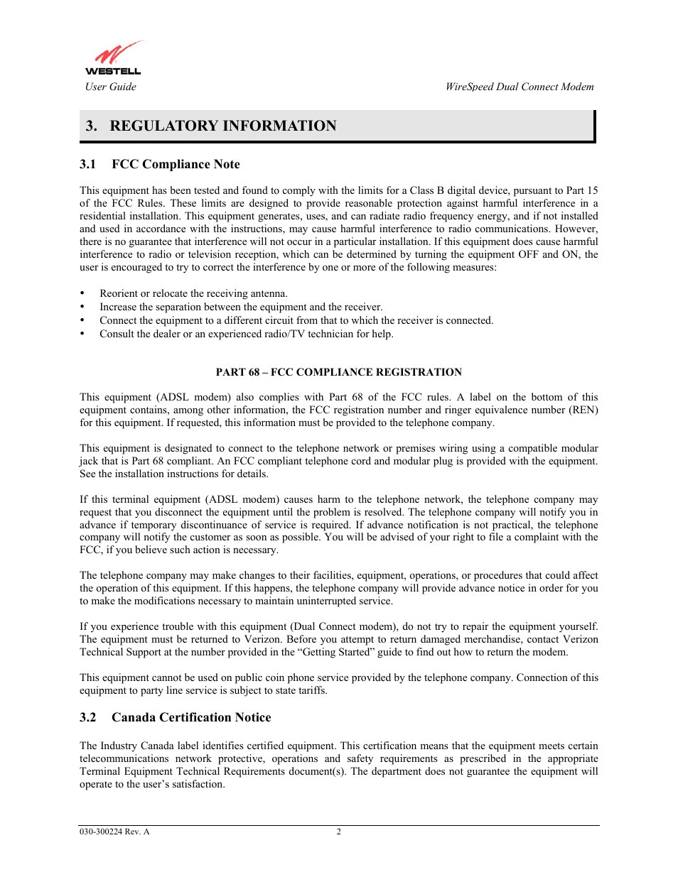 Regulatory information, Fcc compliance note, Canada certification notice | Westell Technologies 2110 User Manual | Page 4 / 30