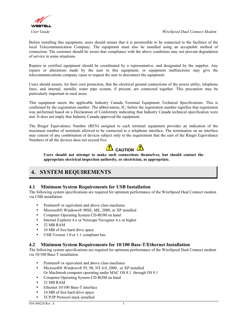 System requirements, Minimum system requirements for usb installation | Westell Technologies 2110 User Manual | Page 5 / 30