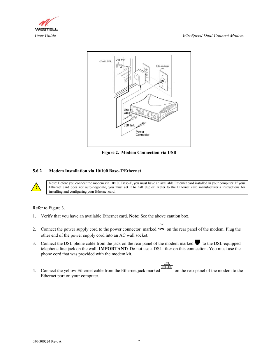 Modem installation via 10/100 base-t/ethernet | Westell Technologies 2110 User Manual | Page 9 / 30