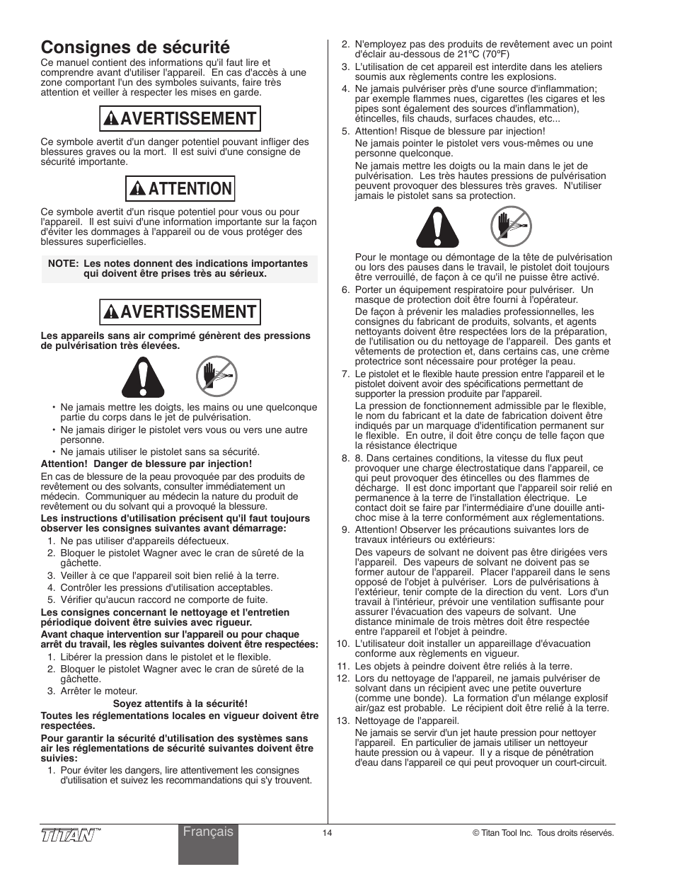 Avertissement, Consignes de sécurité, Attention | Wagner SprayTech 840i User Manual | Page 14 / 24