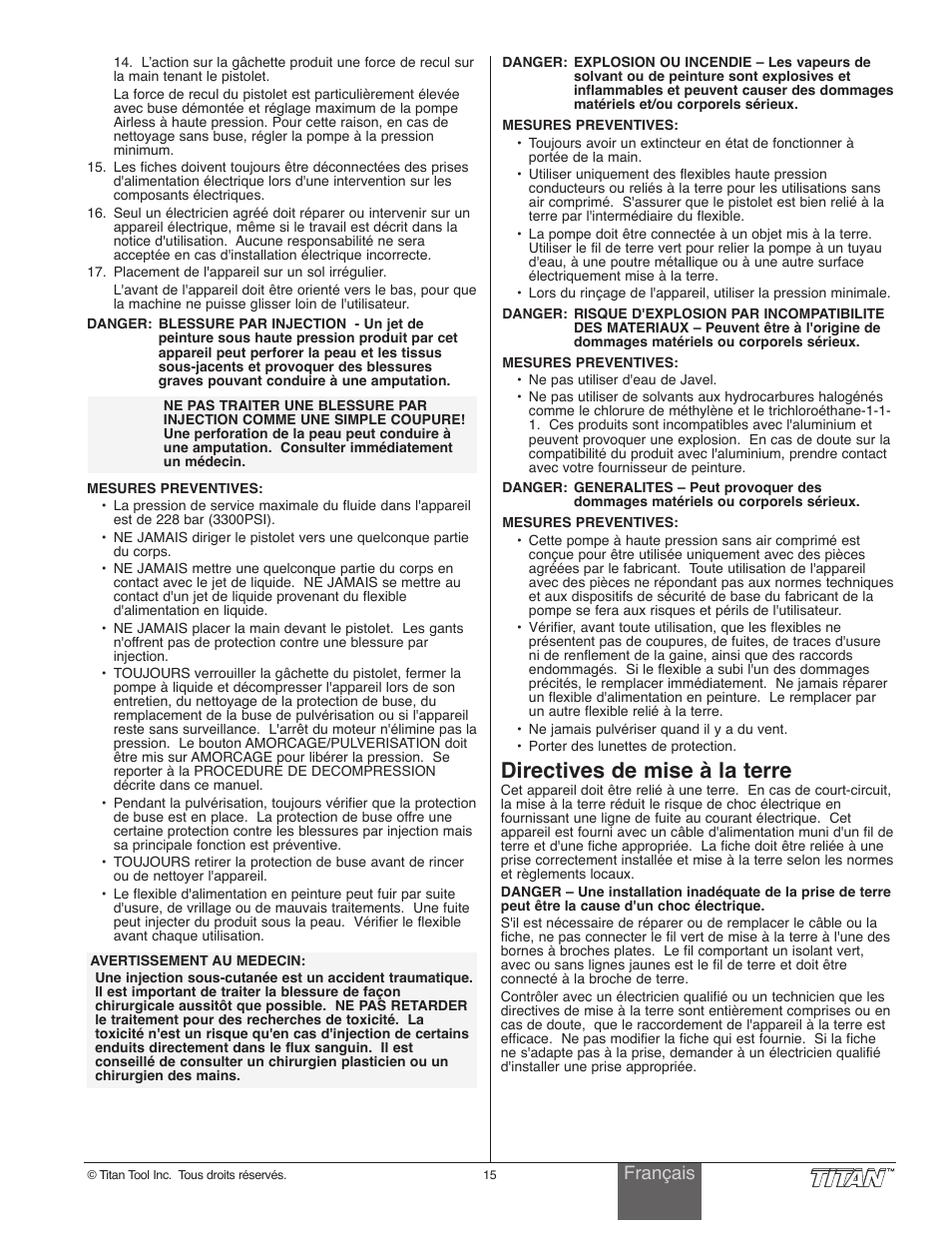 Directives de mise à la terre, Français | Wagner SprayTech 840i User Manual | Page 15 / 24