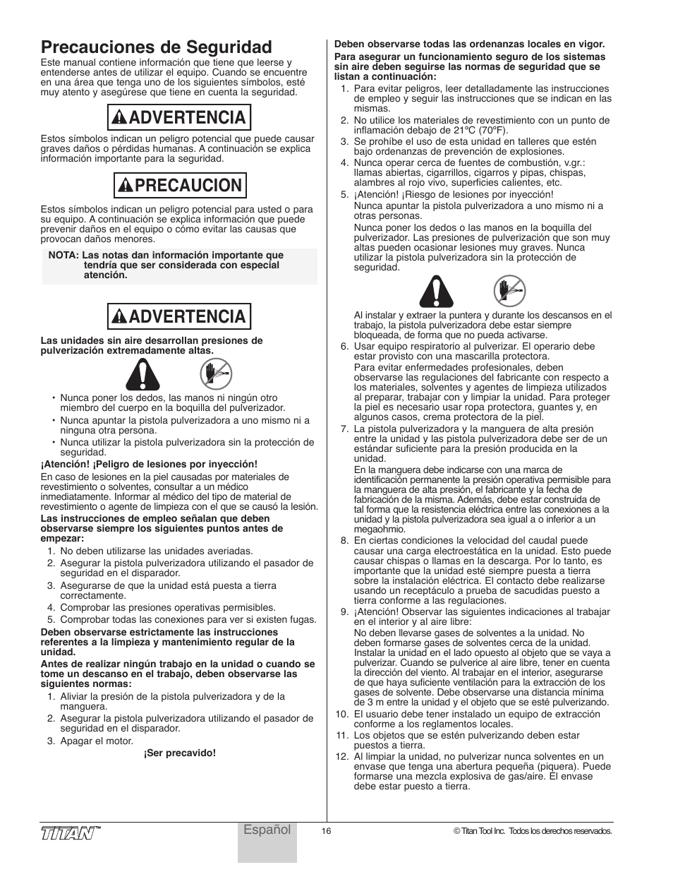 Advertencia, Precaucion advertencia, Precauciones de seguridad | Wagner SprayTech 840i User Manual | Page 16 / 24