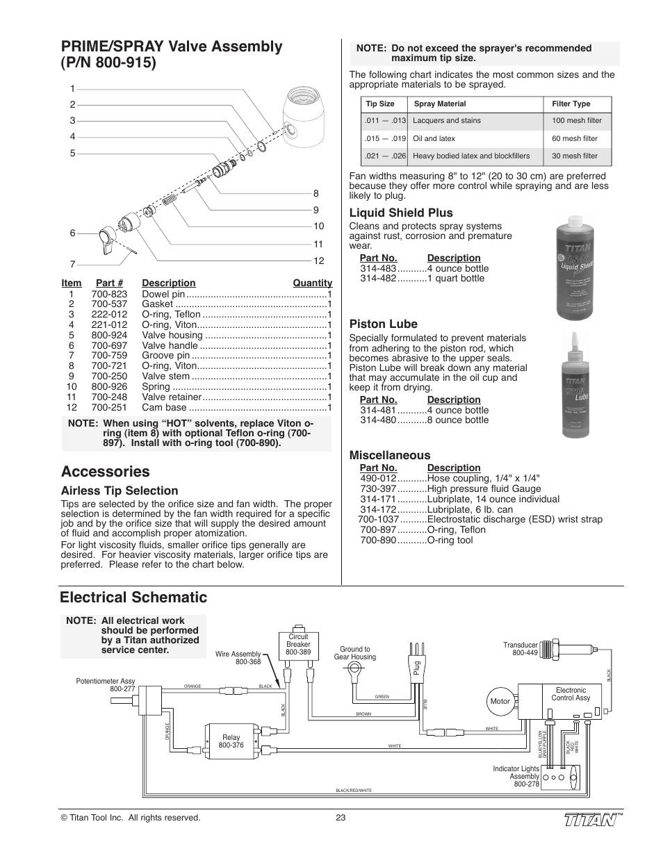 Electrical schematic, Accessories, Liquid shield plus | Piston lube, Miscellaneous, Airless tip selection | Wagner SprayTech 840i User Manual | Page 23 / 24