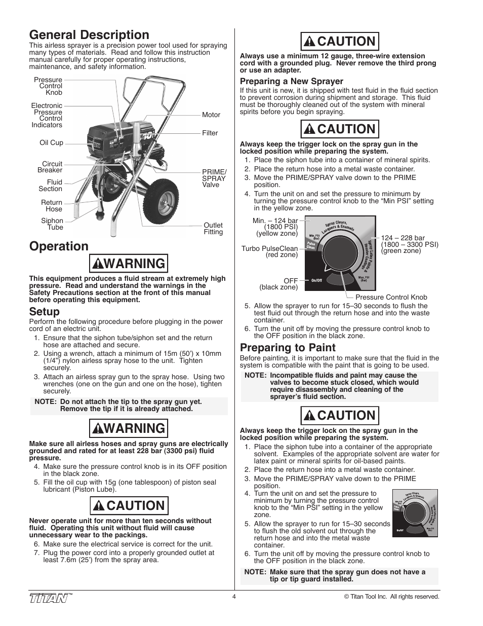 Warning, Caution, General description | Operation, Setup, Preparing to paint | Wagner SprayTech 840i User Manual | Page 4 / 24