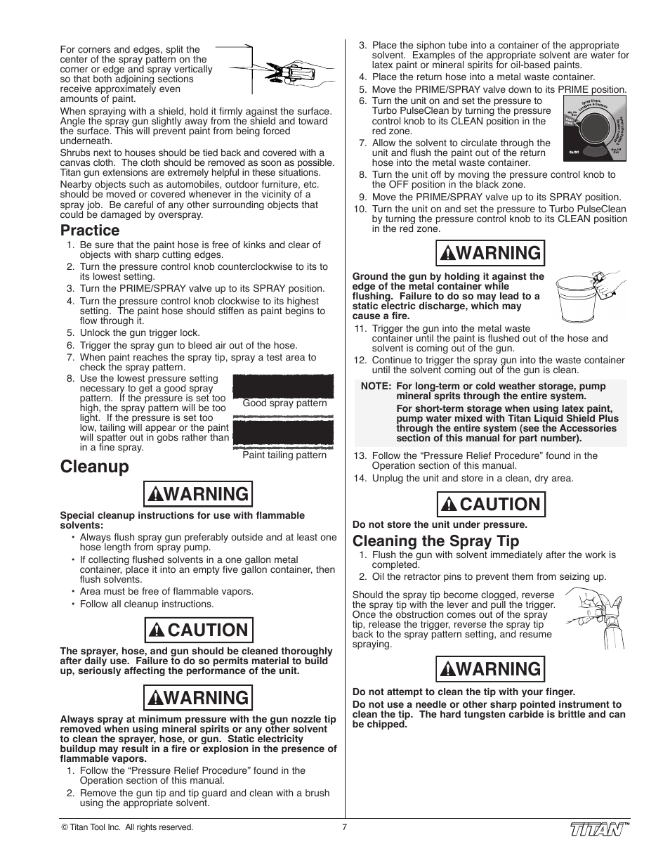 Warning, Caution, Cleanup | Practice, Cleaning the spray tip | Wagner SprayTech 840i User Manual | Page 7 / 24