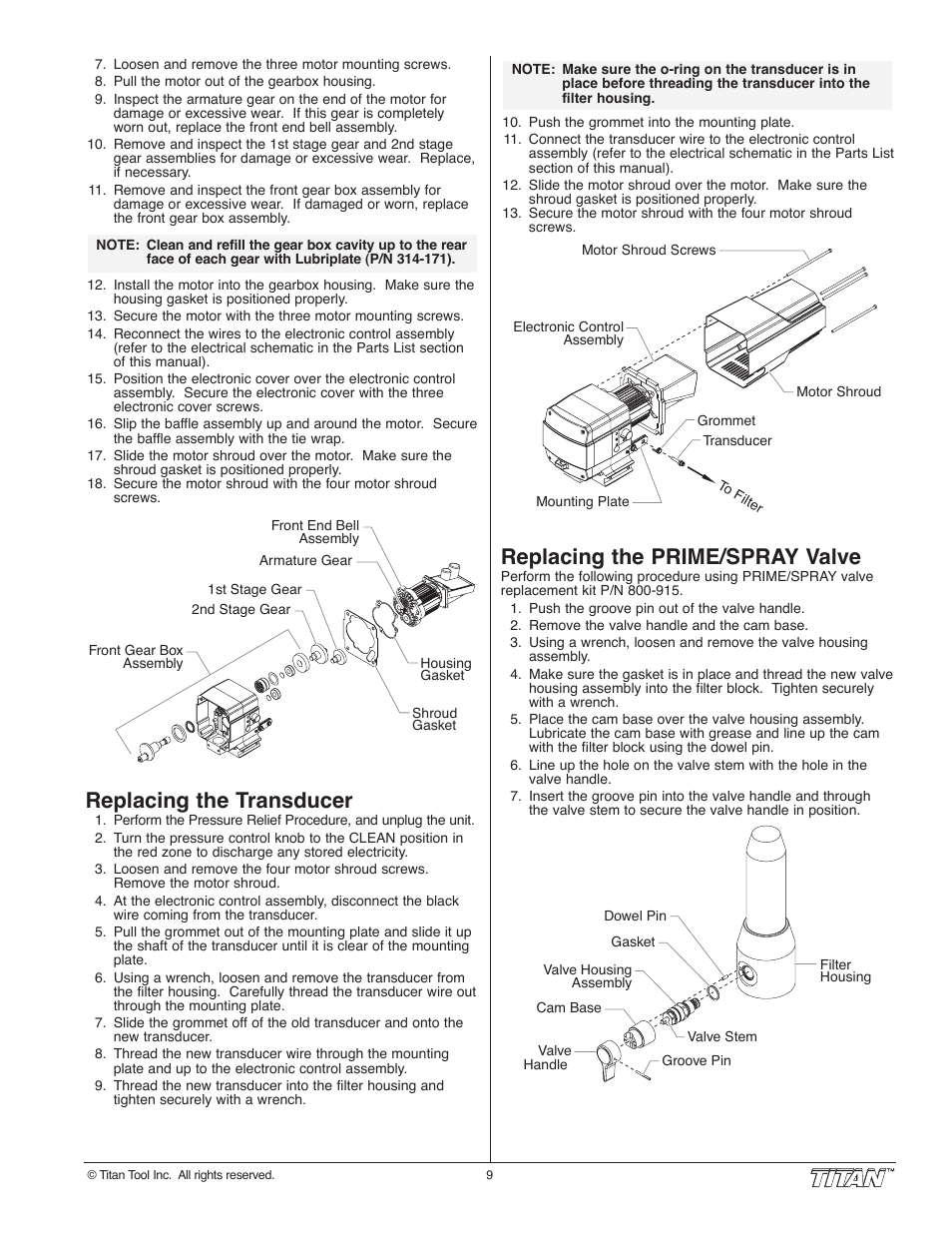 Replacing the transducer, Replacing the prime/spray valve | Wagner SprayTech 840i User Manual | Page 9 / 24