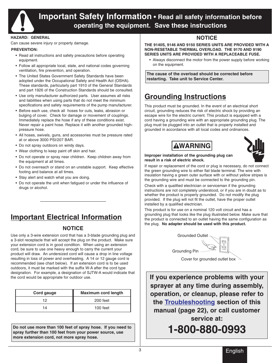 Safety 2, Important electrical information, Grounding instructions | Important safety information, Warning | Wagner SprayTech Twin Stroke Piston Pump 9146 User Manual | Page 3 / 28