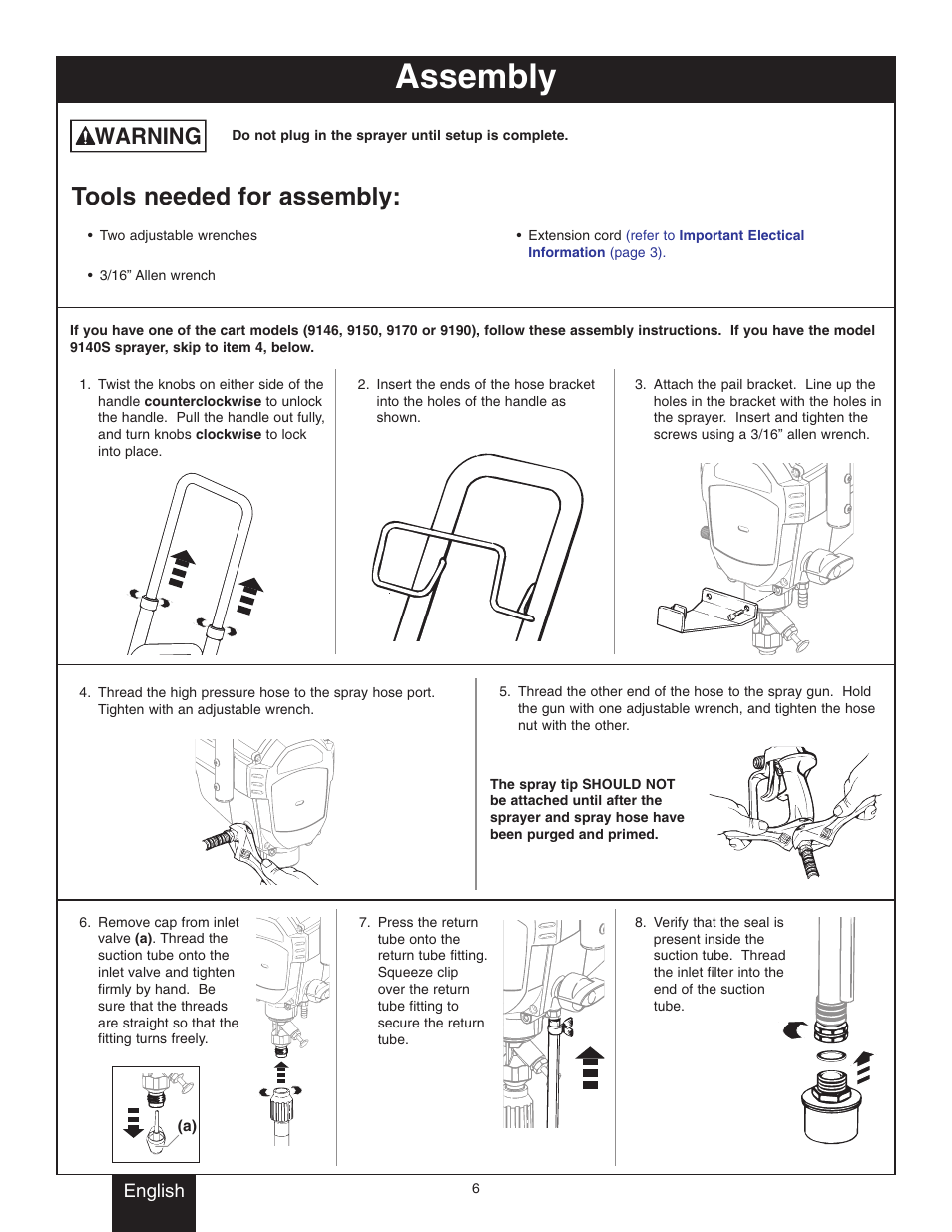 Assembly, Tools needed for assembly, Warning | Wagner SprayTech Twin Stroke Piston Pump 9146 User Manual | Page 6 / 28