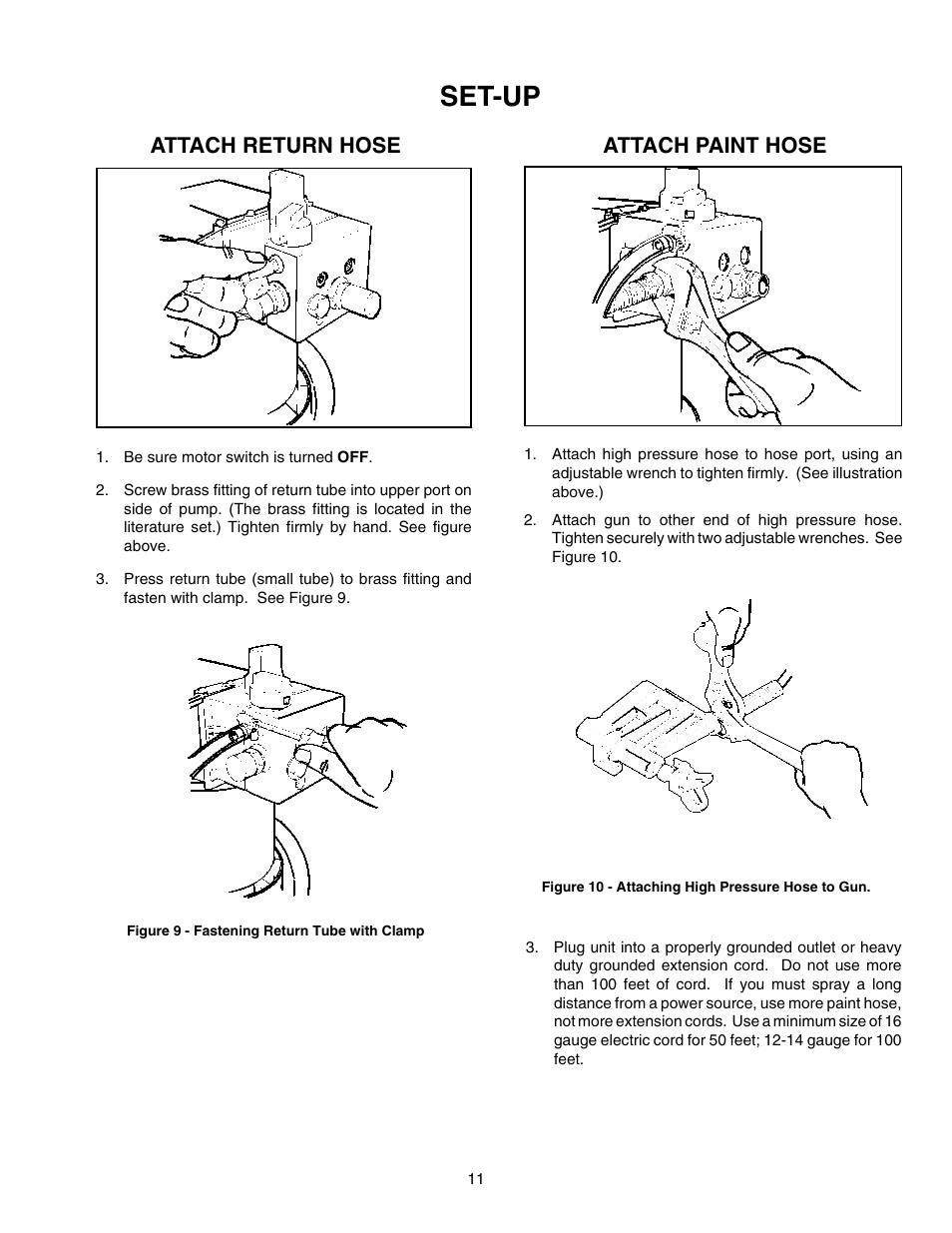 Attach paint/return hose, Set-up, Attach return hose | Attach paint hose | Wagner HIGH PERFORMANCE AIRLESS SPRAYER User Manual | Page 11 / 33