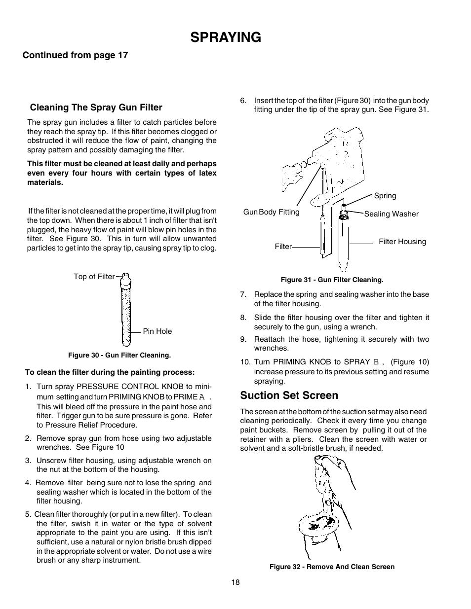 Cleaning filter/suction set screen, Spraying, Suction set screen | Wagner HIGH PERFORMANCE AIRLESS SPRAYER User Manual | Page 18 / 33