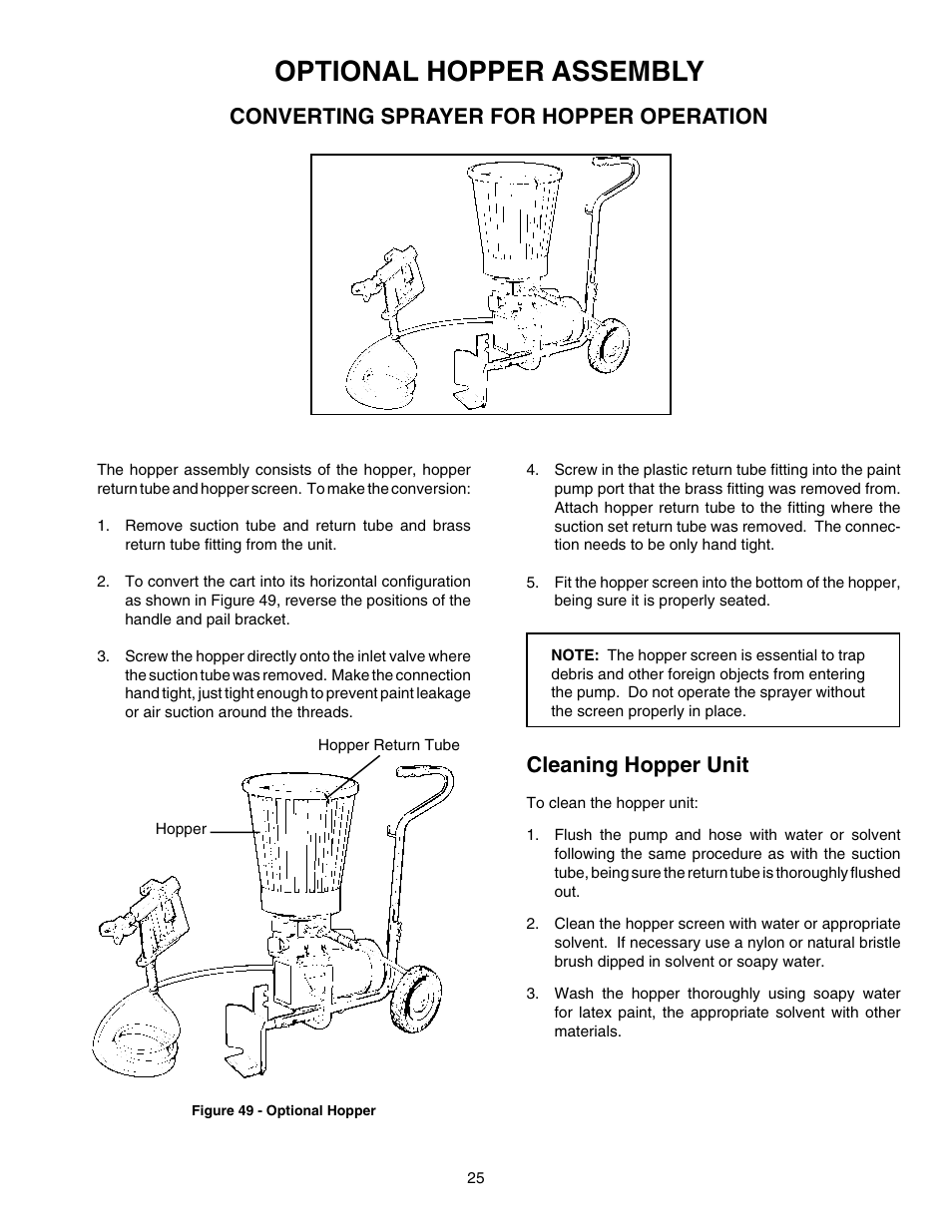 Hopper assembly, Optional hopper assembly, Converting sprayer for hopper operation | Cleaning hopper unit | Wagner HIGH PERFORMANCE AIRLESS SPRAYER User Manual | Page 25 / 33