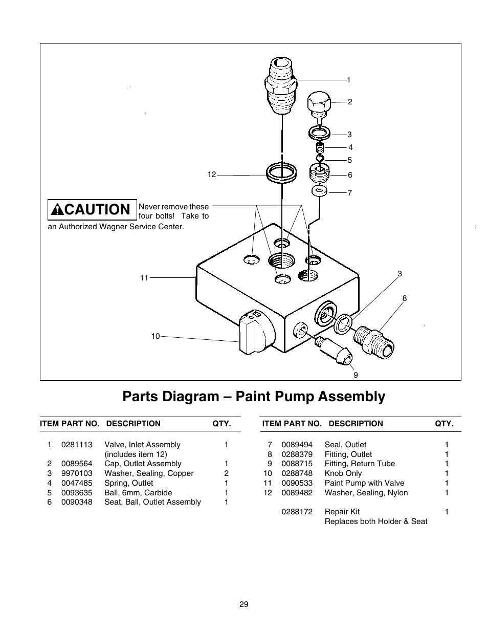 Paint pump assembly, Parts diagram – paint pump assembly, Caution | Wagner HIGH PERFORMANCE AIRLESS SPRAYER User Manual | Page 29 / 33