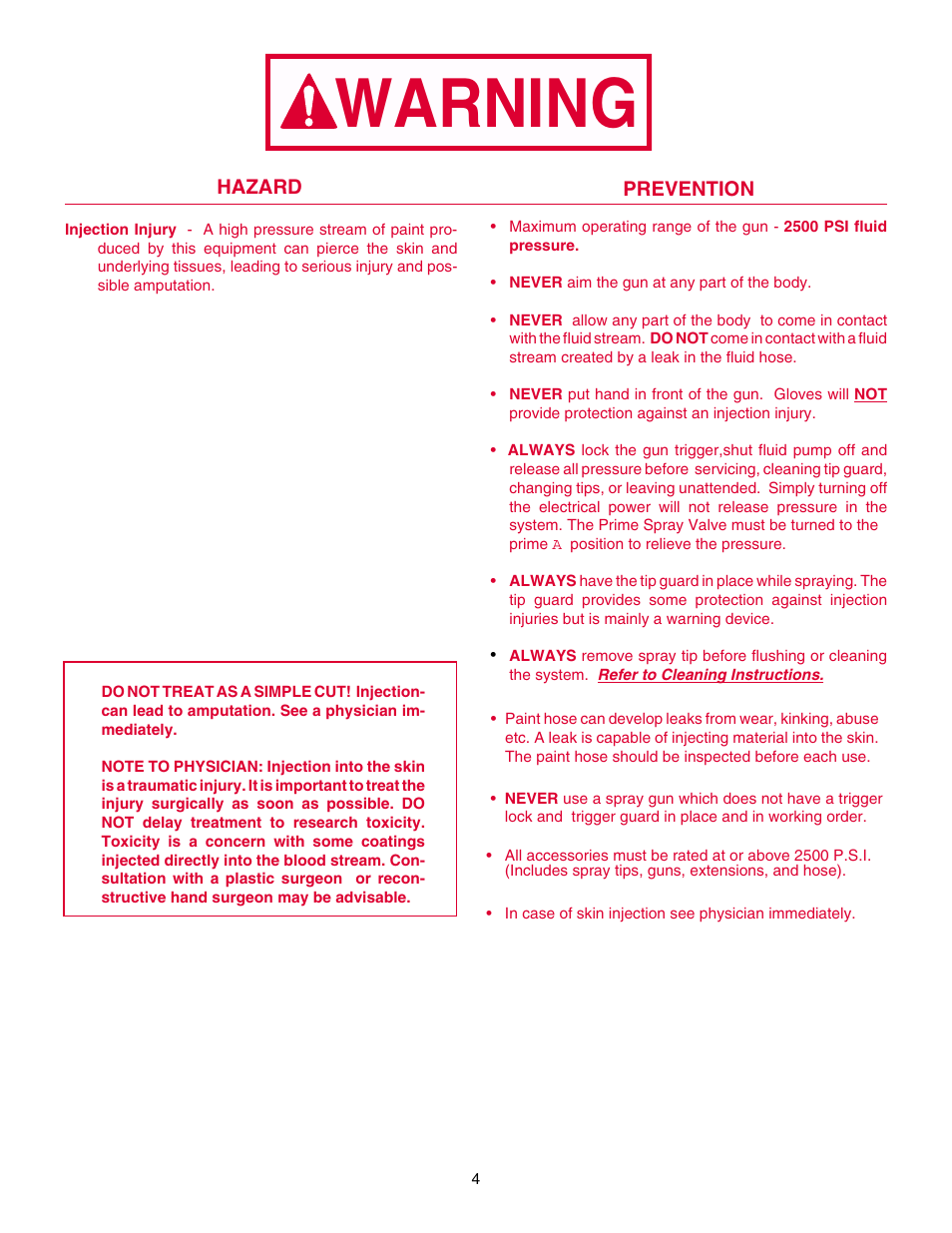 Injection injury, Warning | Wagner HIGH PERFORMANCE AIRLESS SPRAYER User Manual | Page 4 / 33