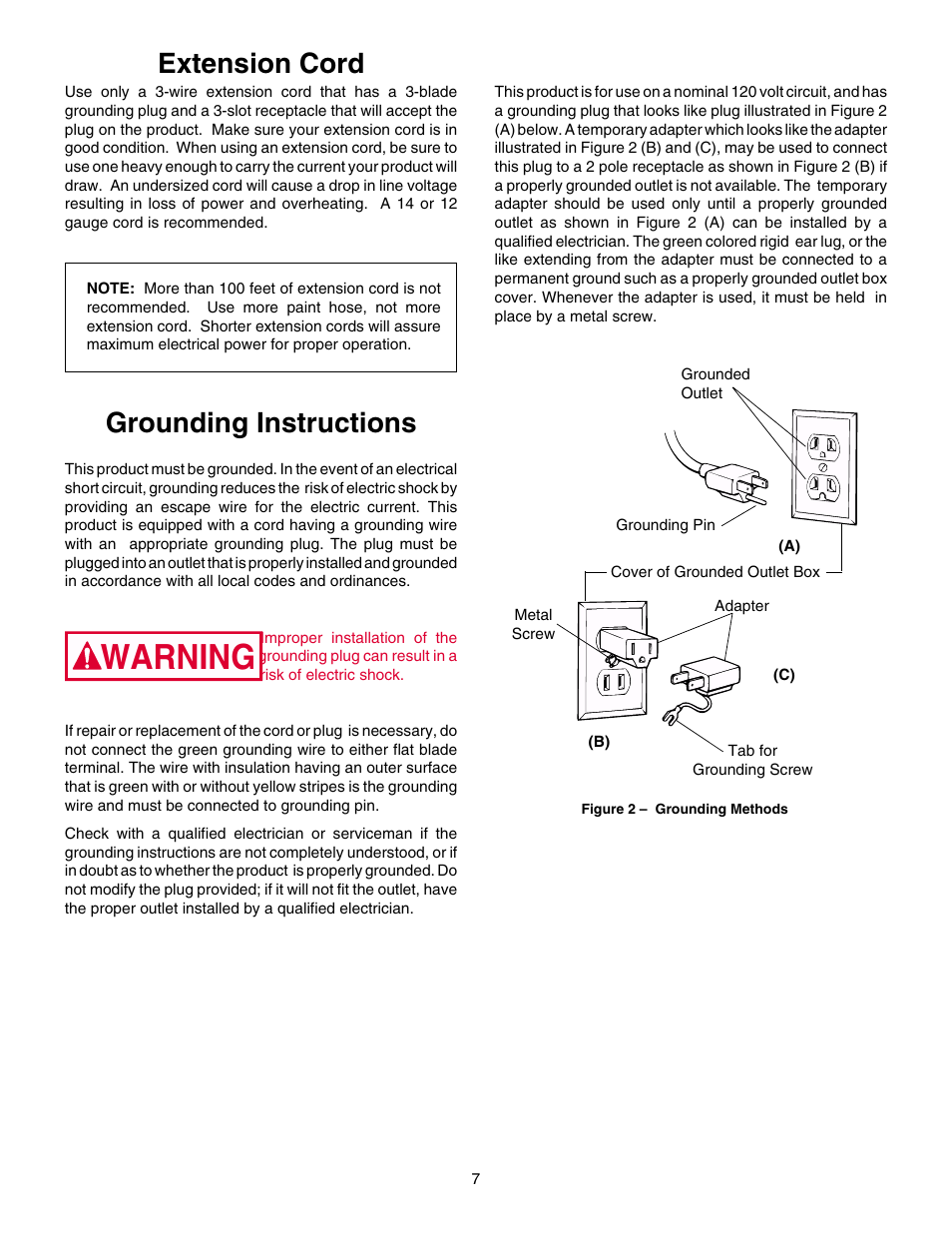 Extension cord/grounding instructions, Warning, Grounding instructions | Extension cord | Wagner HIGH PERFORMANCE AIRLESS SPRAYER User Manual | Page 7 / 33