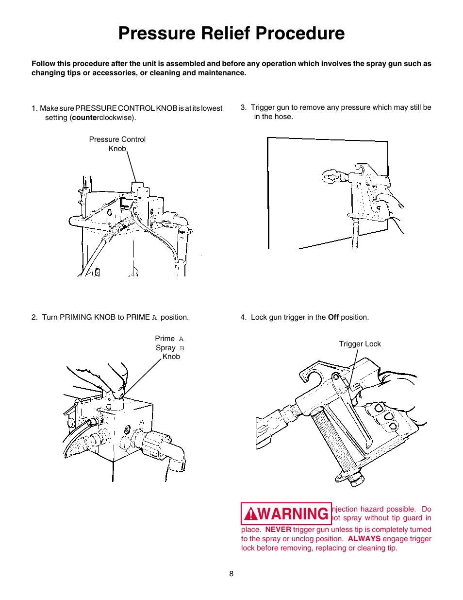 Pressure relief procedure, Warning | Wagner HIGH PERFORMANCE AIRLESS SPRAYER User Manual | Page 8 / 33