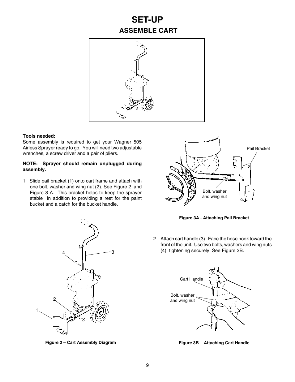 Set up, Assemble cart, Set-up | Wagner HIGH PERFORMANCE AIRLESS SPRAYER User Manual | Page 9 / 33