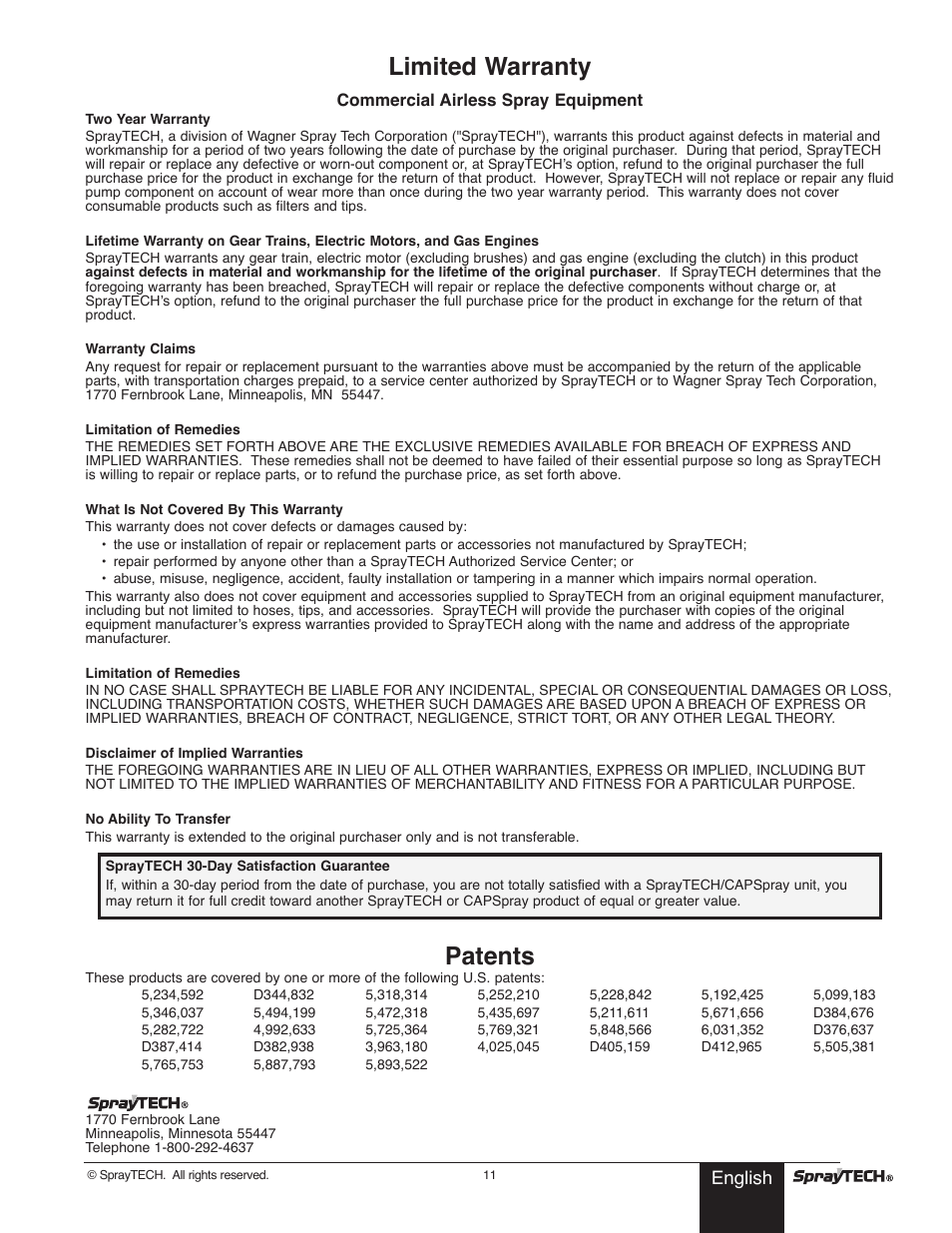 Limited warranty, Patents, English | Wagner SprayTech 0295001 User Manual | Page 11 / 40