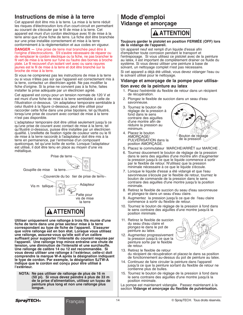 Attention, Mode d'emploi, Instructions de mise à la terre | Vidange et amorçage | Wagner SprayTech 0295001 User Manual | Page 14 / 40