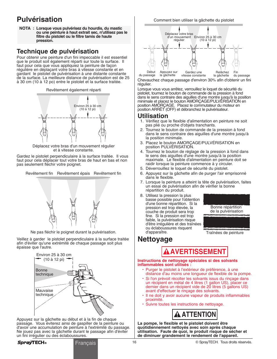Avertissement, Pulvérisation, Nettoyage | Attention, Technique de pulvérisation, Utilisation, Français | Wagner SprayTech 0295001 User Manual | Page 16 / 40