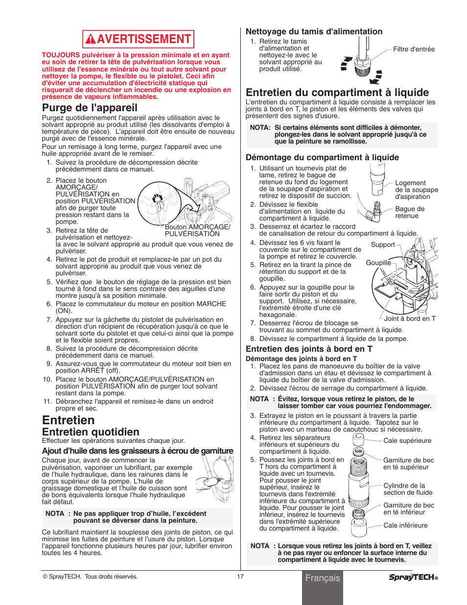 Avertissement, Entretien, Purge de l'appareil | Entretien quotidien, Entretien du compartiment à liquide, Français | Wagner SprayTech 0295001 User Manual | Page 17 / 40