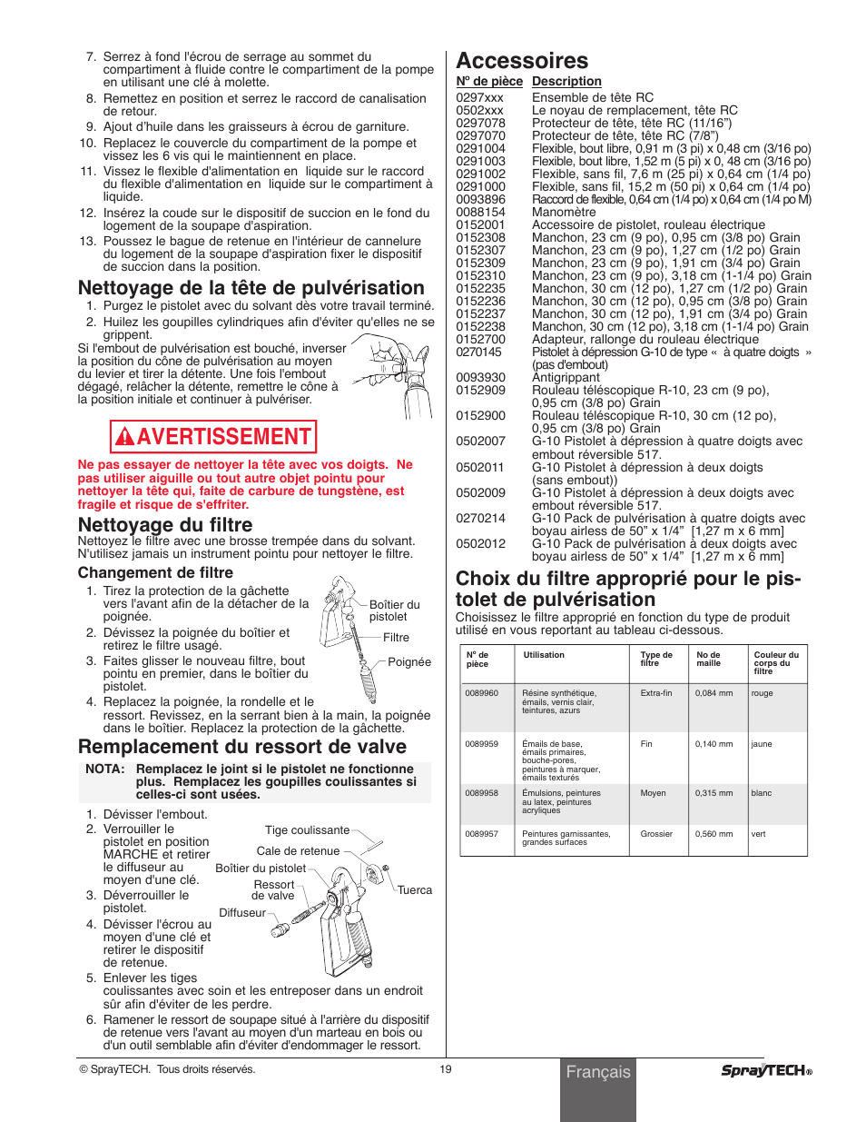 Avertissement, Accessoires, Nettoyage de la tête de pulvérisation | Nettoyage du filtre, Remplacement du ressort de valve, Français, Changement de filtre | Wagner SprayTech 0295001 User Manual | Page 19 / 40