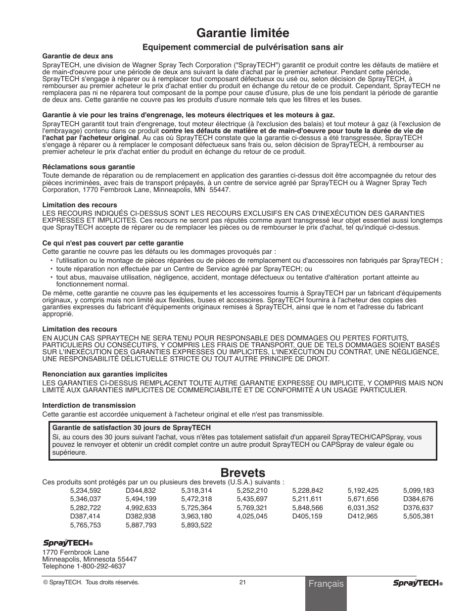 Garantie limitée, Brevets, Français | Wagner SprayTech 0295001 User Manual | Page 21 / 40