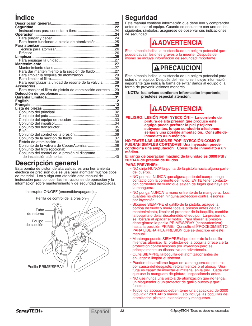 Advertencia, Precaucion advertencia, Índice | Descripción general, Seguridad | Wagner SprayTech 0295001 User Manual | Page 22 / 40