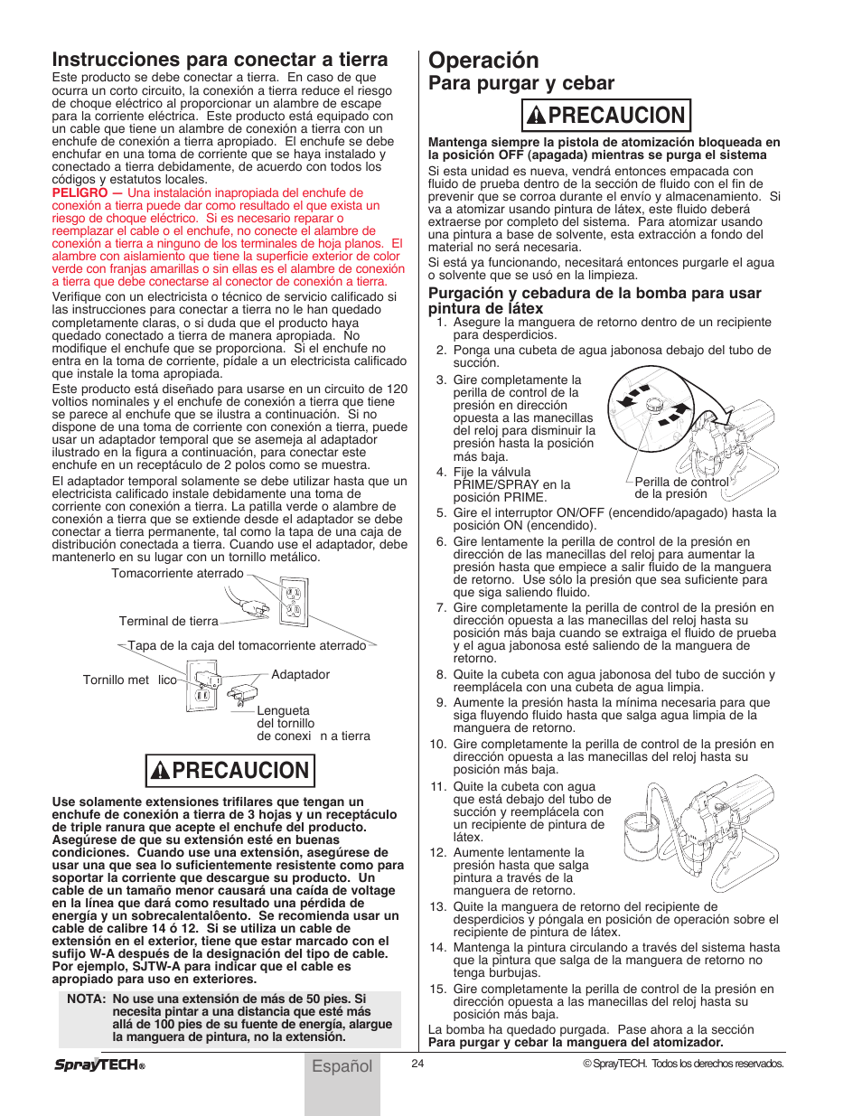 Precaucion, Operación, Instrucciones para conectar a tierra | Para purgar y cebar | Wagner SprayTech 0295001 User Manual | Page 24 / 40