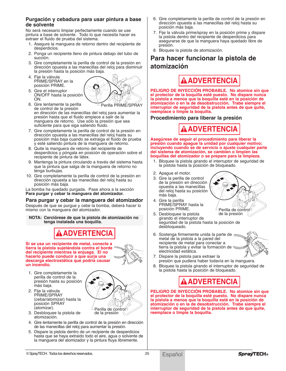 Advertencia, Para hacer funcionar la pistola de atomización | Wagner SprayTech 0295001 User Manual | Page 25 / 40
