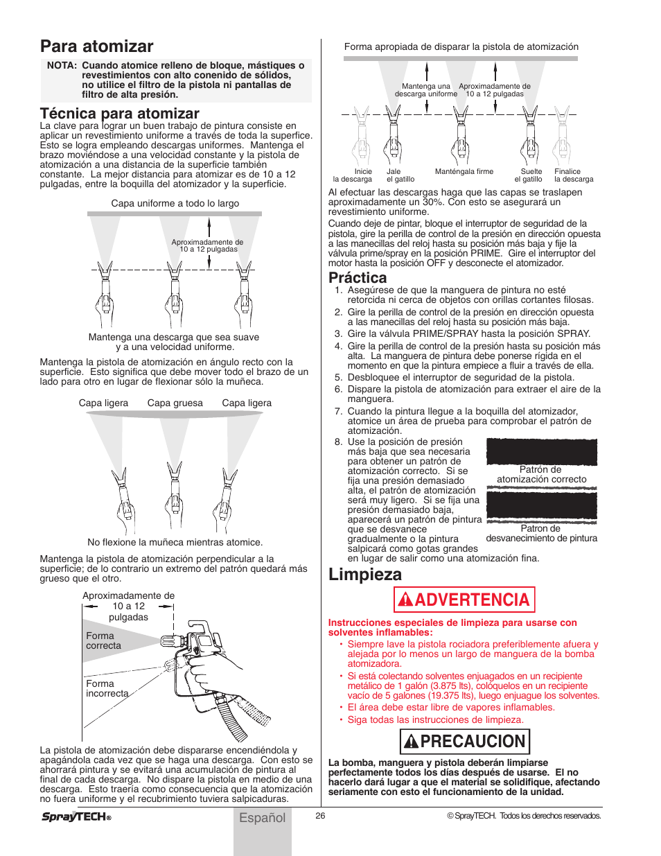 Precaucion advertencia, Para atomizar, Limpieza | Técnica para atomizar, Práctica, Español | Wagner SprayTech 0295001 User Manual | Page 26 / 40