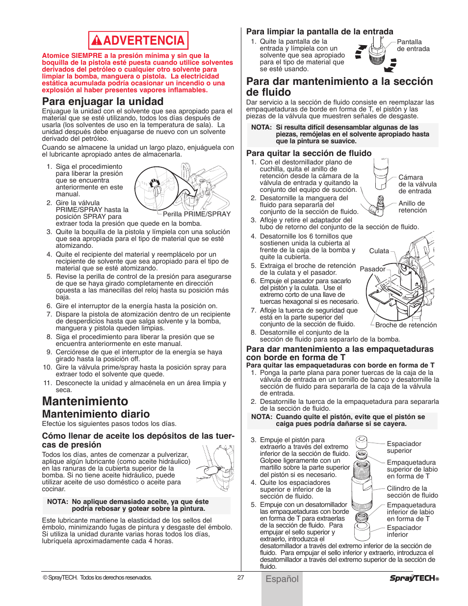 Advertencia, Mantenimiento, Para enjuagar la unidad | Mantenimiento diario, Para dar mantenimiento a la sección de fluido | Wagner SprayTech 0295001 User Manual | Page 27 / 40