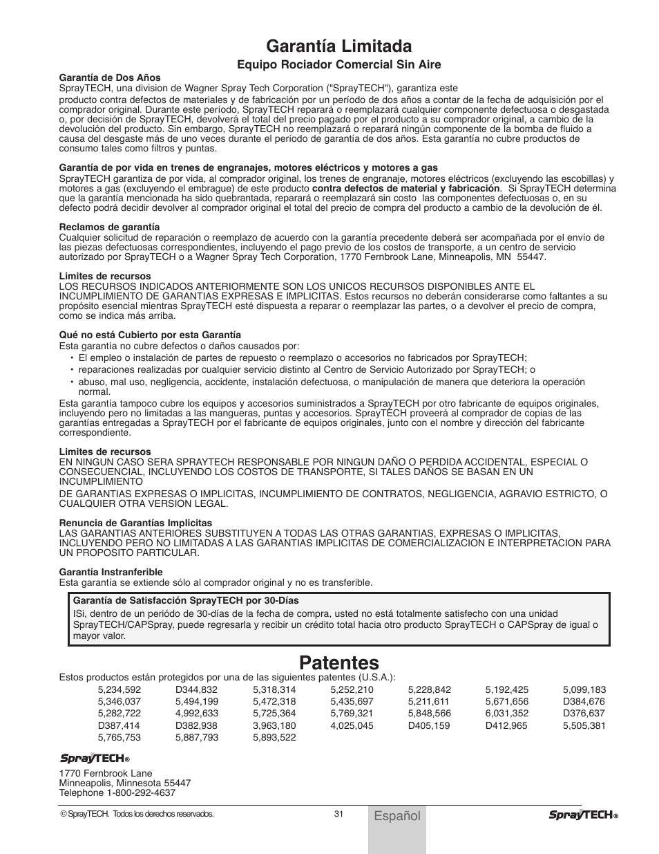 Patentes, Garantía limitada, Español | Wagner SprayTech 0295001 User Manual | Page 31 / 40