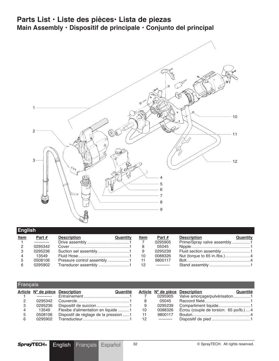 Parts list • liste des pièces• lista de piezas, English, Français español | Français | Wagner SprayTech 0295001 User Manual | Page 32 / 40