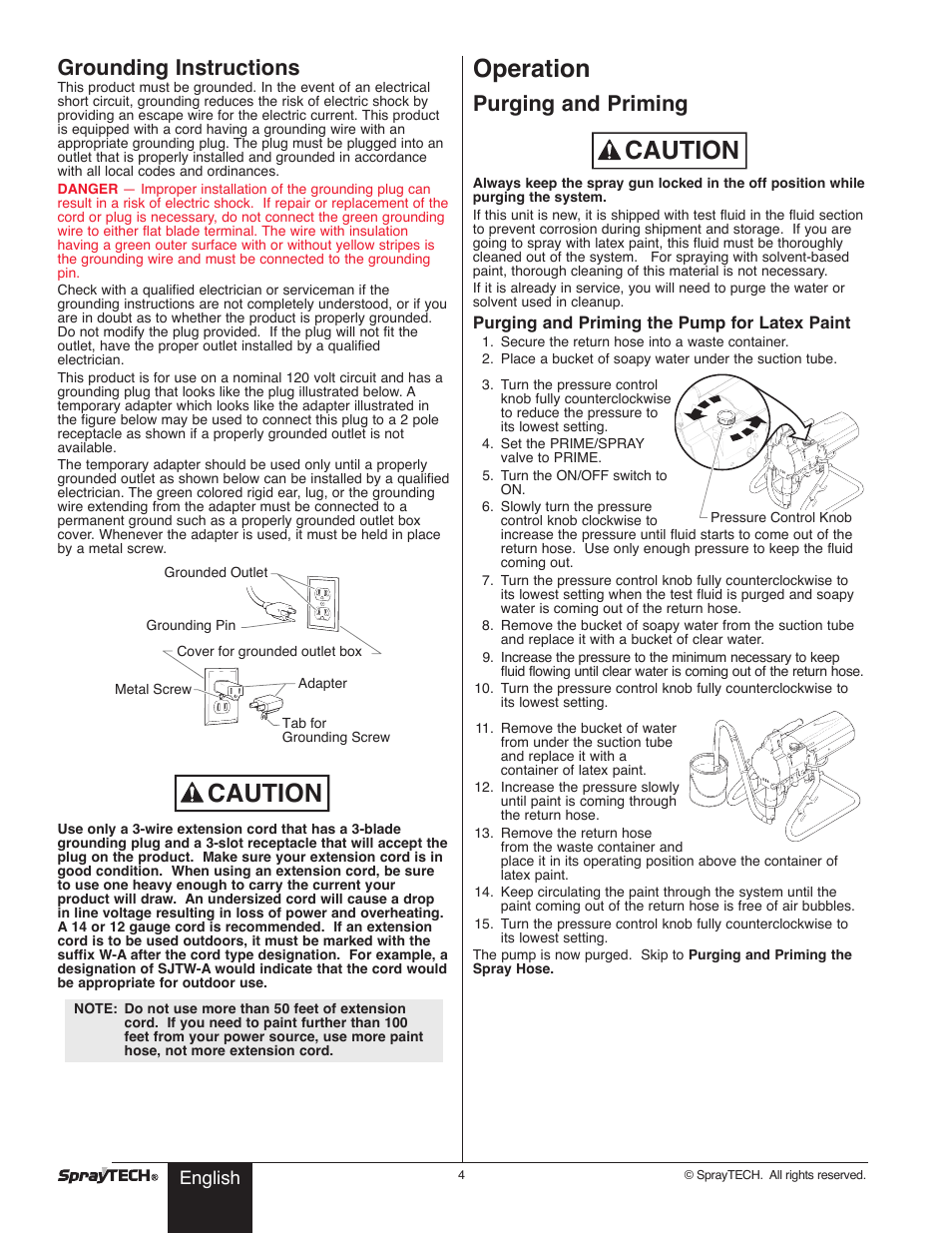 Caution, Operation, Grounding instructions | Purging and priming | Wagner SprayTech 0295001 User Manual | Page 4 / 40