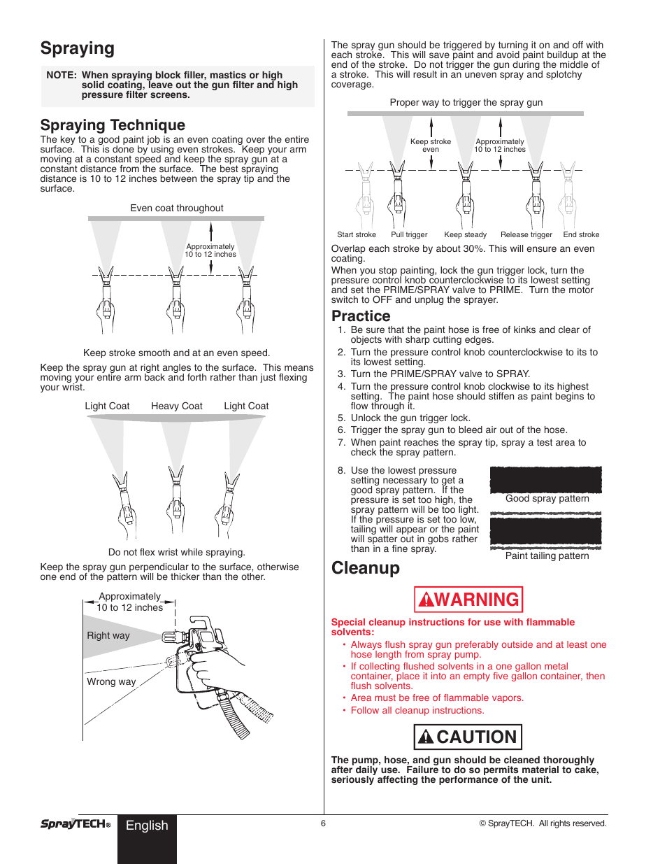 Warning, Caution, Spraying | Cleanup, Spraying technique, Practice, English | Wagner SprayTech 0295001 User Manual | Page 6 / 40