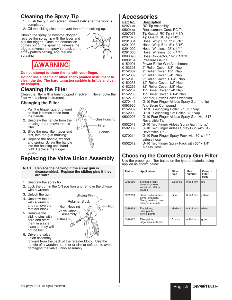 Warning, Accessories, Cleaning the spray tip | Cleaning the filter, Replacing the valve union assembly, Choosing the correct spray gun filter, English | Wagner SprayTech 0295001 User Manual | Page 9 / 40