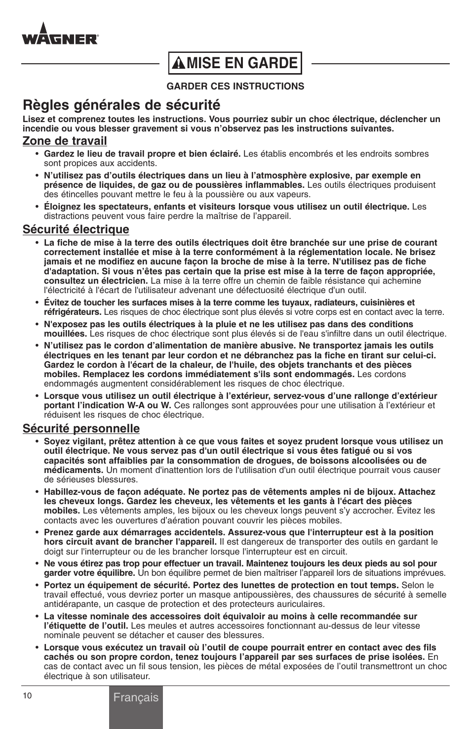 Mise en garde, Règles générales de sécurité, Français | Zone de travail, Sécurité électrique, Sécurité personnelle | Wagner PaintEater User Manual | Page 10 / 24