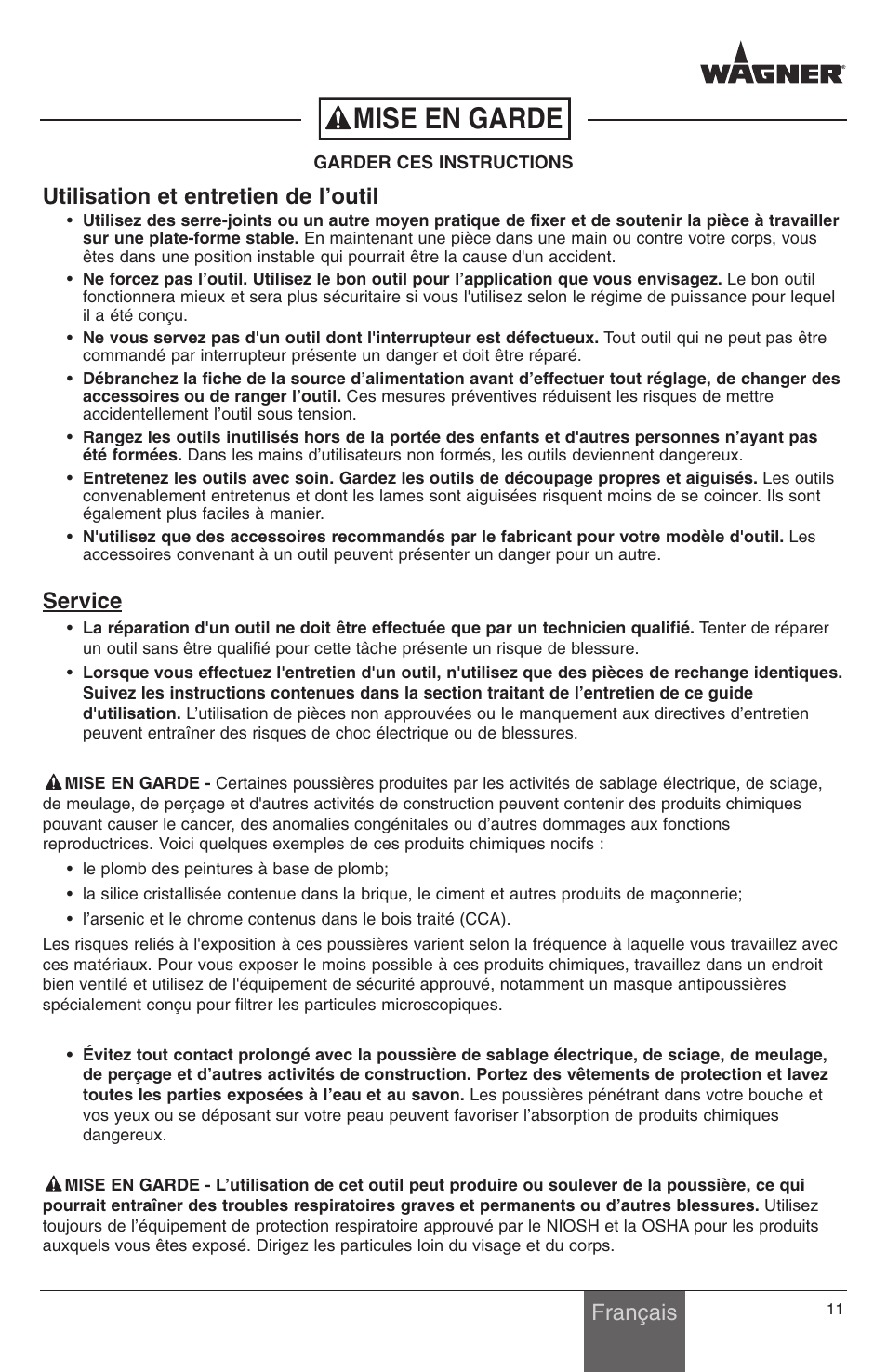 Mise en garde, Français utilisation et entretien de l’outil, Service | Wagner PaintEater User Manual | Page 11 / 24